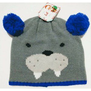 4/$15 - Walrus Beanie w/ Pom Poms One Size Grey Blue Kids Winter Knit Hat NEW